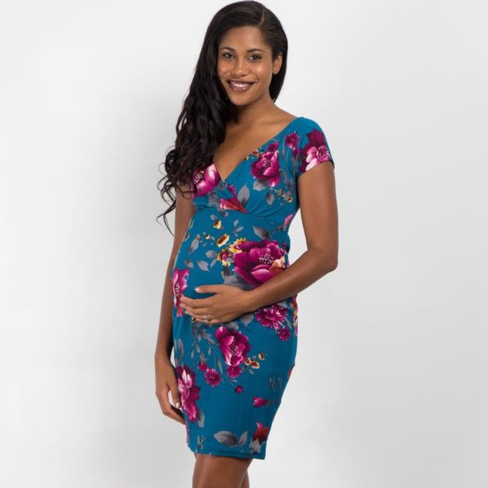 MATERNITY Pink Blush Teal Floral Fitted Wrap Dress